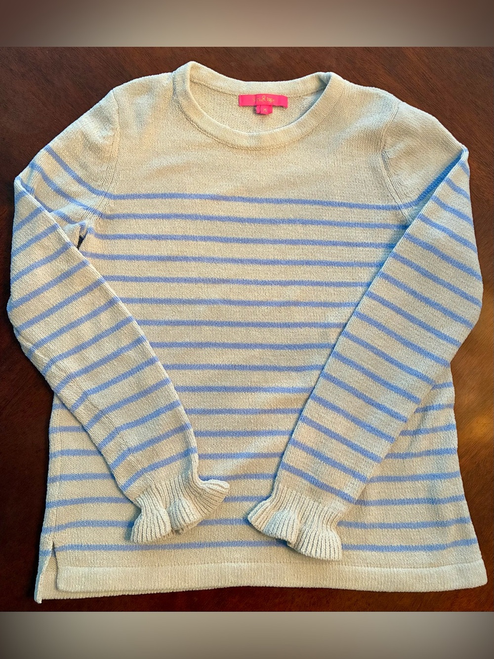 Lilly Pulitzer Blue Stripe Chenille Sweater Ruffle Cuff Size Medium